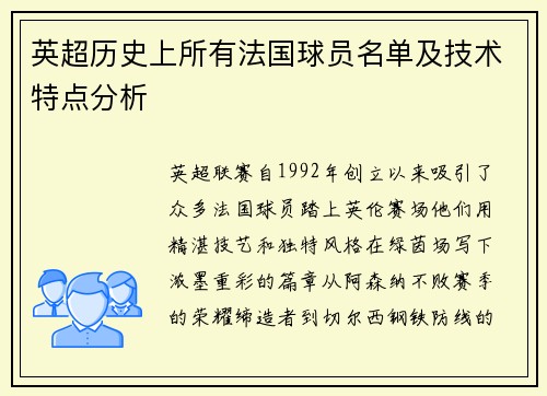 英超历史上所有法国球员名单及技术特点分析